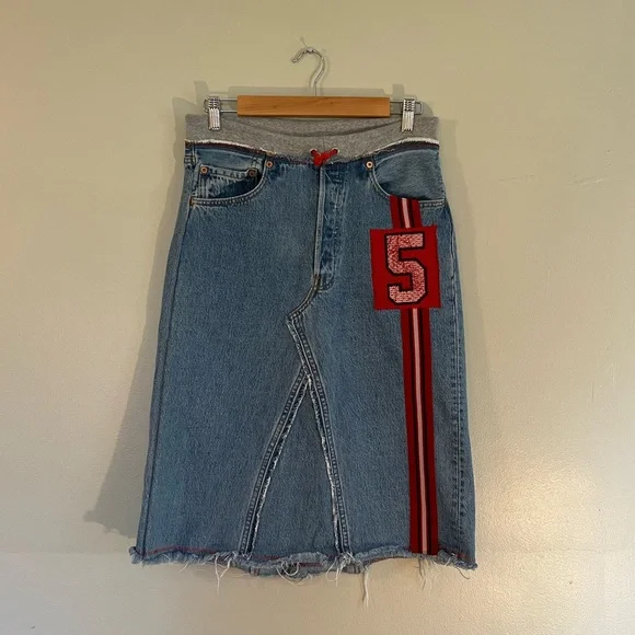 Y2K Riley Vintage Reworked Red Patch Denim Skirt Unique Indie Streetwear - Picture 1 of 6